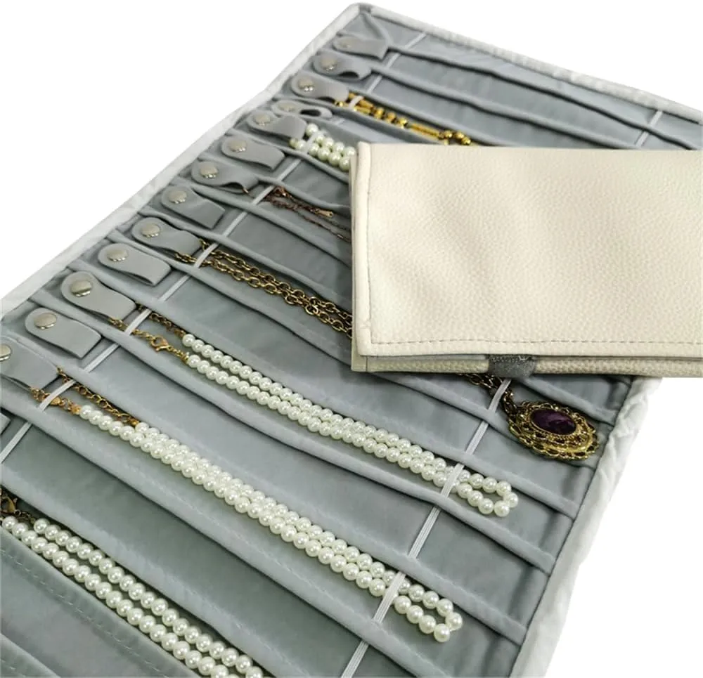 Portable Jewelry Roll Untangled Secure Necklace Travel Storage Bag Displays Holder 16 Chain (Gray PU and Gray Velvet)