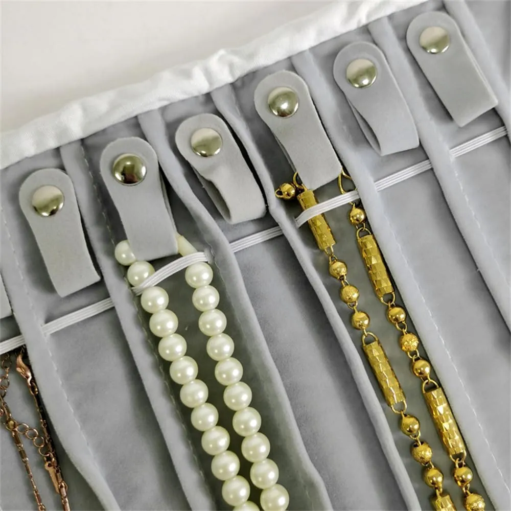 Portable Jewelry Roll Untangled Secure Necklace Travel Storage Bag Displays Holder 16 Chain (Gray PU and Gray Velvet)