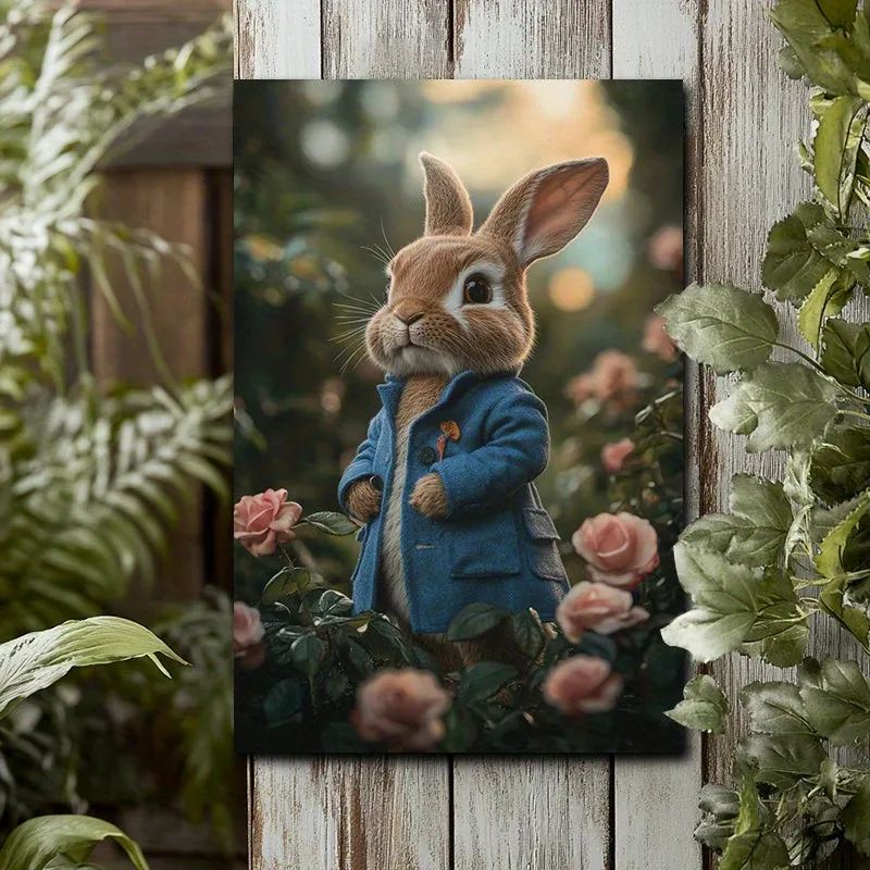 Premium Frameless Canvas Art: Blue Coat Rabbit Among Pink Roses