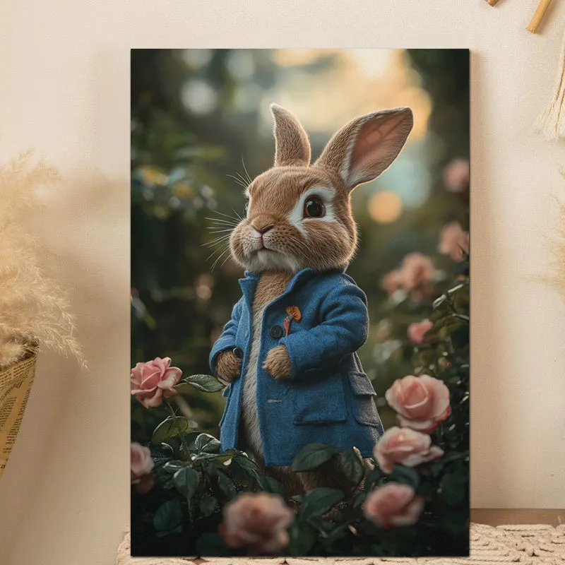 Premium Frameless Canvas Art: Blue Coat Rabbit Among Pink Roses