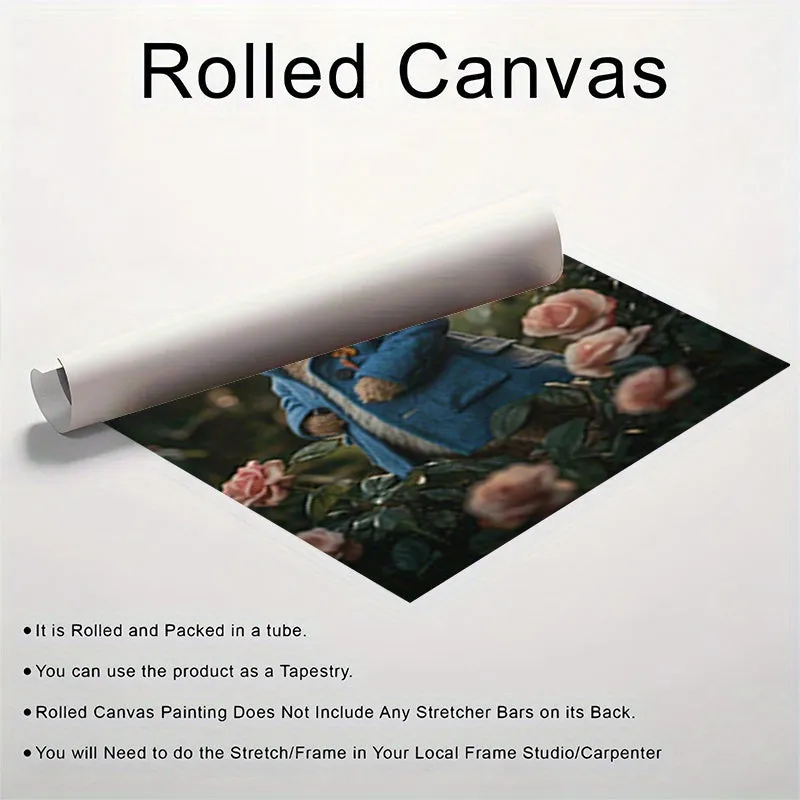 Premium Frameless Canvas Art: Blue Coat Rabbit Among Pink Roses