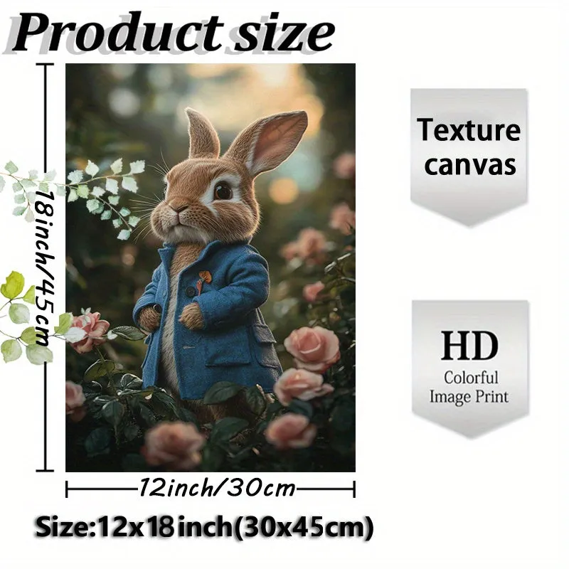 Premium Frameless Canvas Art: Blue Coat Rabbit Among Pink Roses