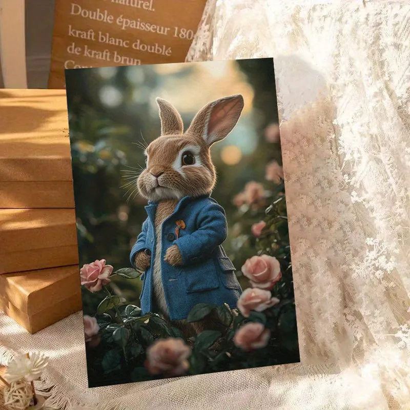 Premium Frameless Canvas Art: Blue Coat Rabbit Among Pink Roses