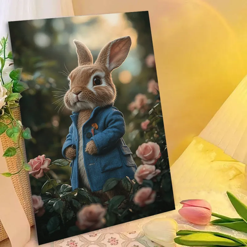 Premium Frameless Canvas Art: Blue Coat Rabbit Among Pink Roses