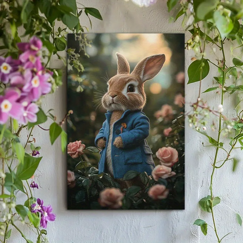 Premium Frameless Canvas Art: Blue Coat Rabbit Among Pink Roses