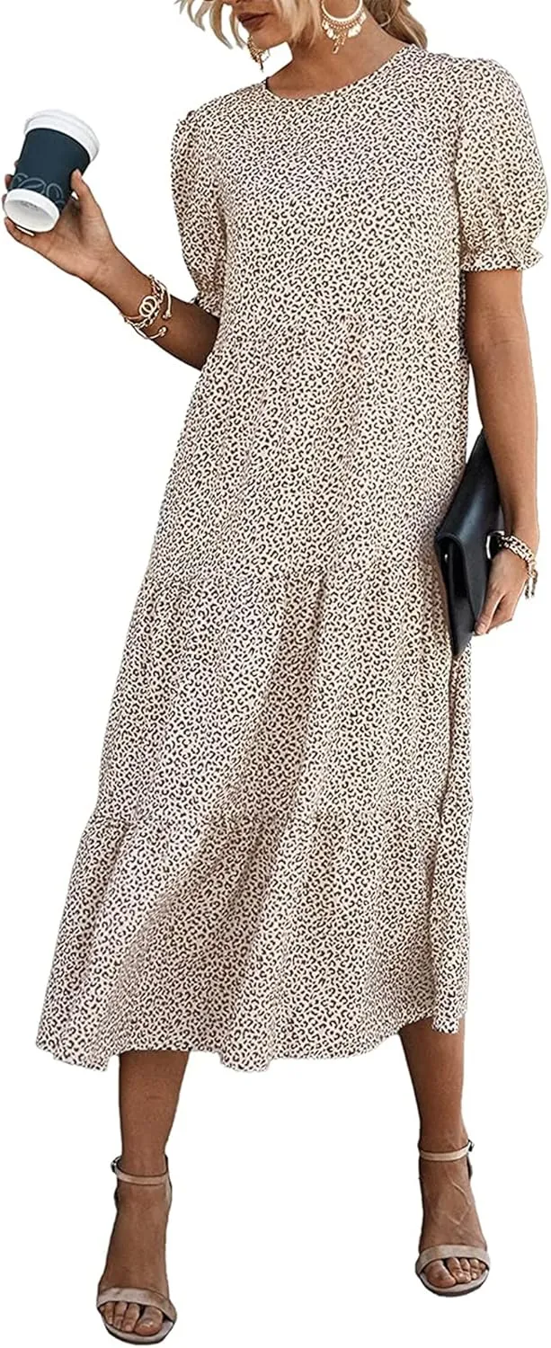PRETTYGARDEN Women's Summer Casual Floral Boho Dress Puff Short Sleeve Ruffle Flowy Beach Party Midi Dresses