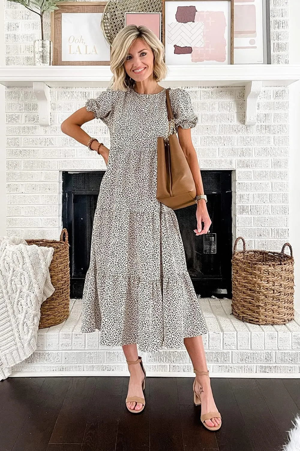 PRETTYGARDEN Women's Summer Casual Floral Boho Dress Puff Short Sleeve Ruffle Flowy Beach Party Midi Dresses