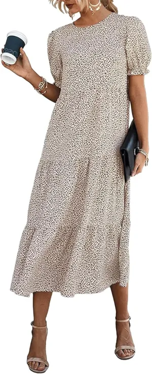 PRETTYGARDEN Women's Summer Casual Floral Boho Dress Puff Short Sleeve Ruffle Flowy Beach Party Midi Dresses