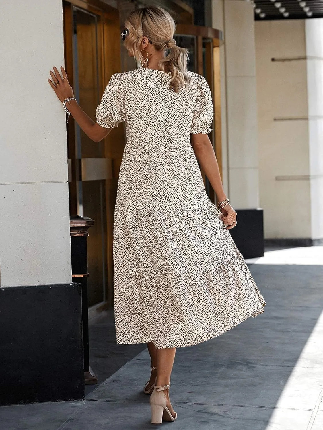 PRETTYGARDEN Women's Summer Casual Floral Boho Dress Puff Short Sleeve Ruffle Flowy Beach Party Midi Dresses