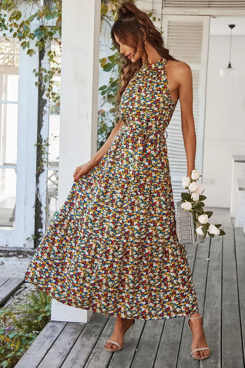 PRETTYGARDEN Women's Summer Floral Maxi Sun Dress Sleeveless Halter Neck Flowy Ruffle Hem Long Boho Dresses with Belt