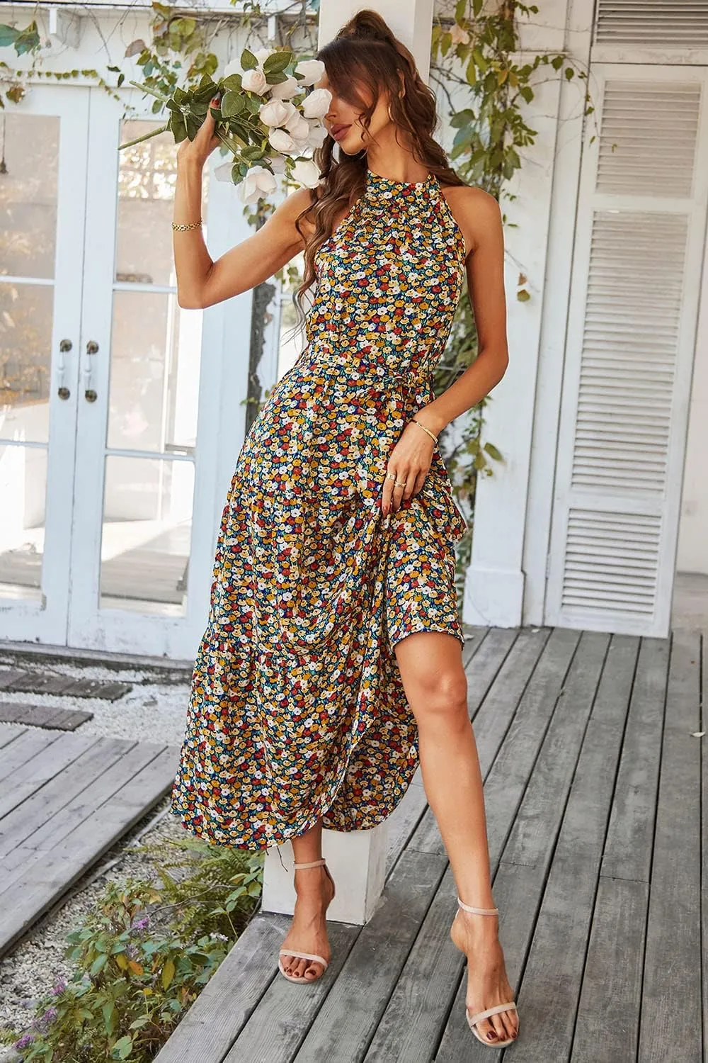PRETTYGARDEN Women's Summer Floral Maxi Sun Dress Sleeveless Halter Neck Flowy Ruffle Hem Long Boho Dresses with Belt