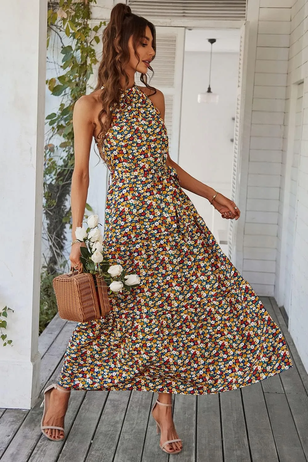 PRETTYGARDEN Women's Summer Floral Maxi Sun Dress Sleeveless Halter Neck Flowy Ruffle Hem Long Boho Dresses with Belt