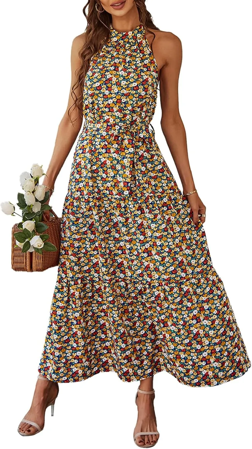 PRETTYGARDEN Women's Summer Floral Maxi Sun Dress Sleeveless Halter Neck Flowy Ruffle Hem Long Boho Dresses with Belt
