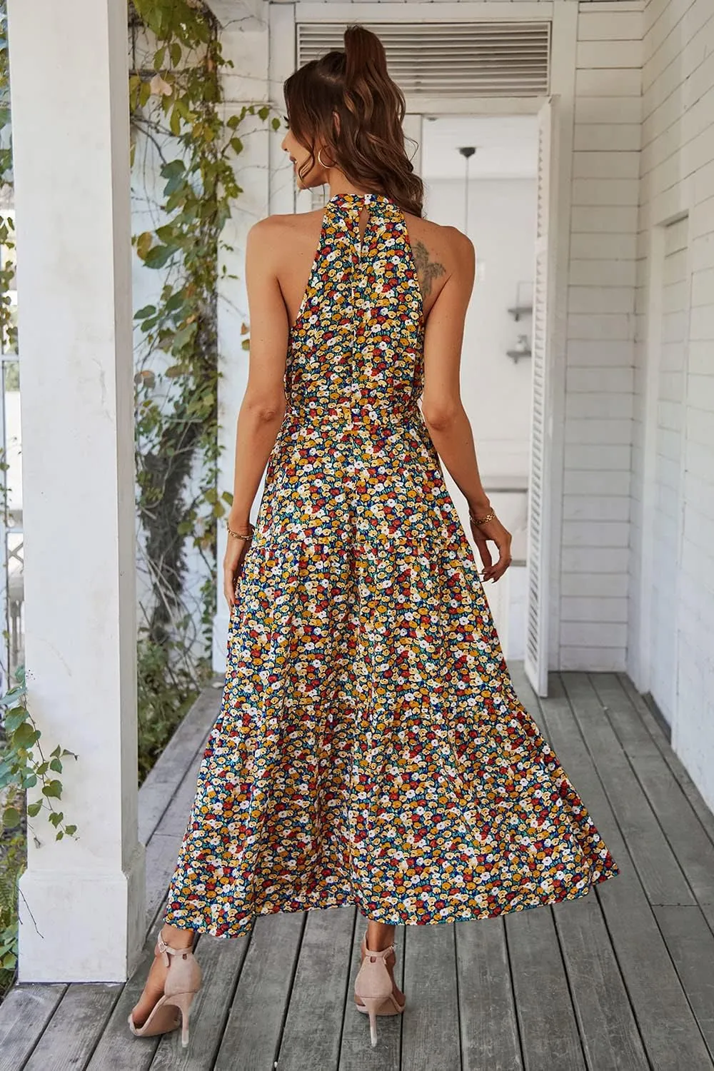 PRETTYGARDEN Women's Summer Floral Maxi Sun Dress Sleeveless Halter Neck Flowy Ruffle Hem Long Boho Dresses with Belt