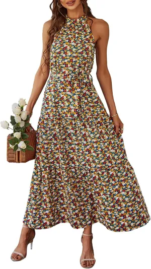 PRETTYGARDEN Women's Summer Floral Maxi Sun Dress Sleeveless Halter Neck Flowy Ruffle Hem Long Boho Dresses with Belt