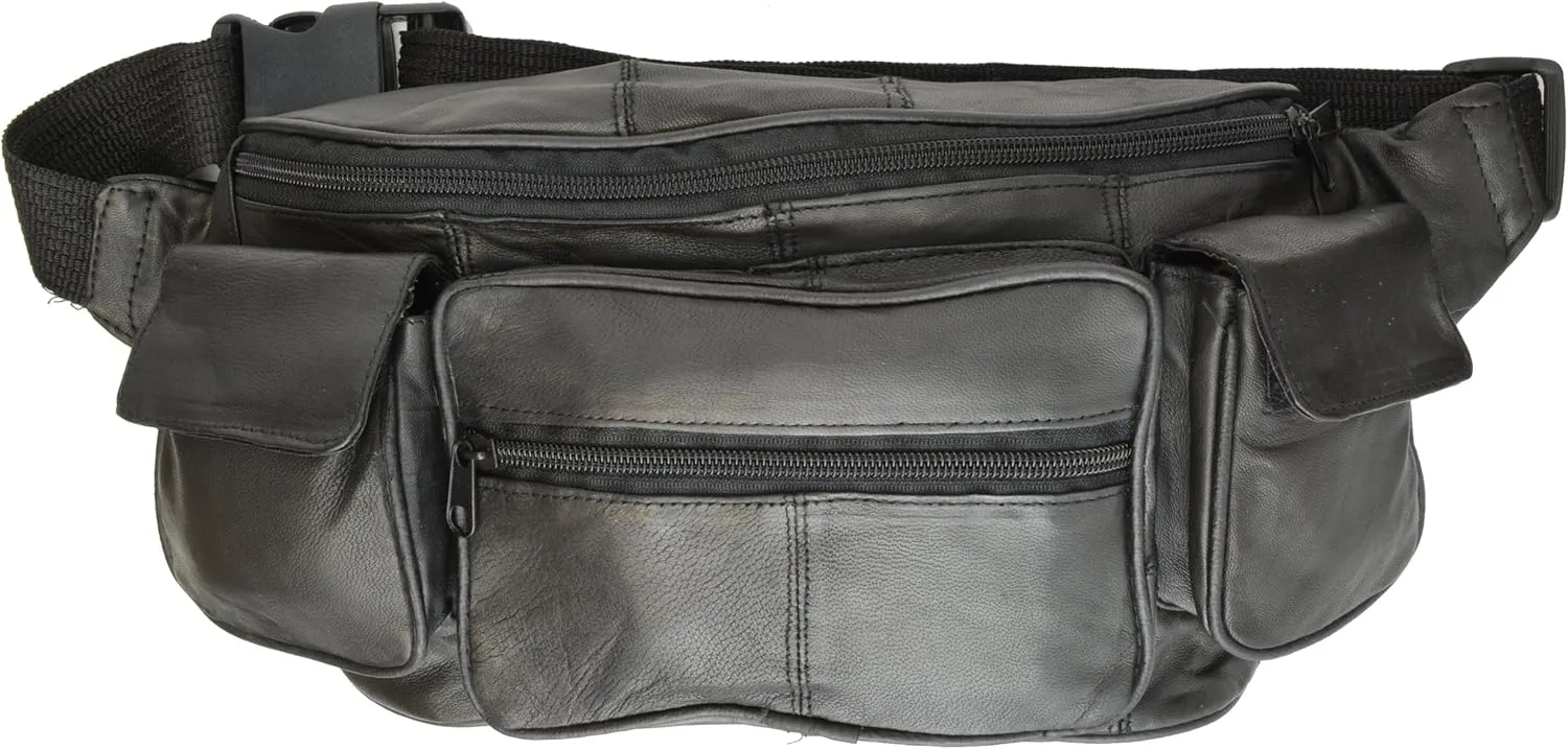 Private Label Large Black Genuine Lambskin Leather Fanny Pack Waist Bag with Cell Phone Pouch