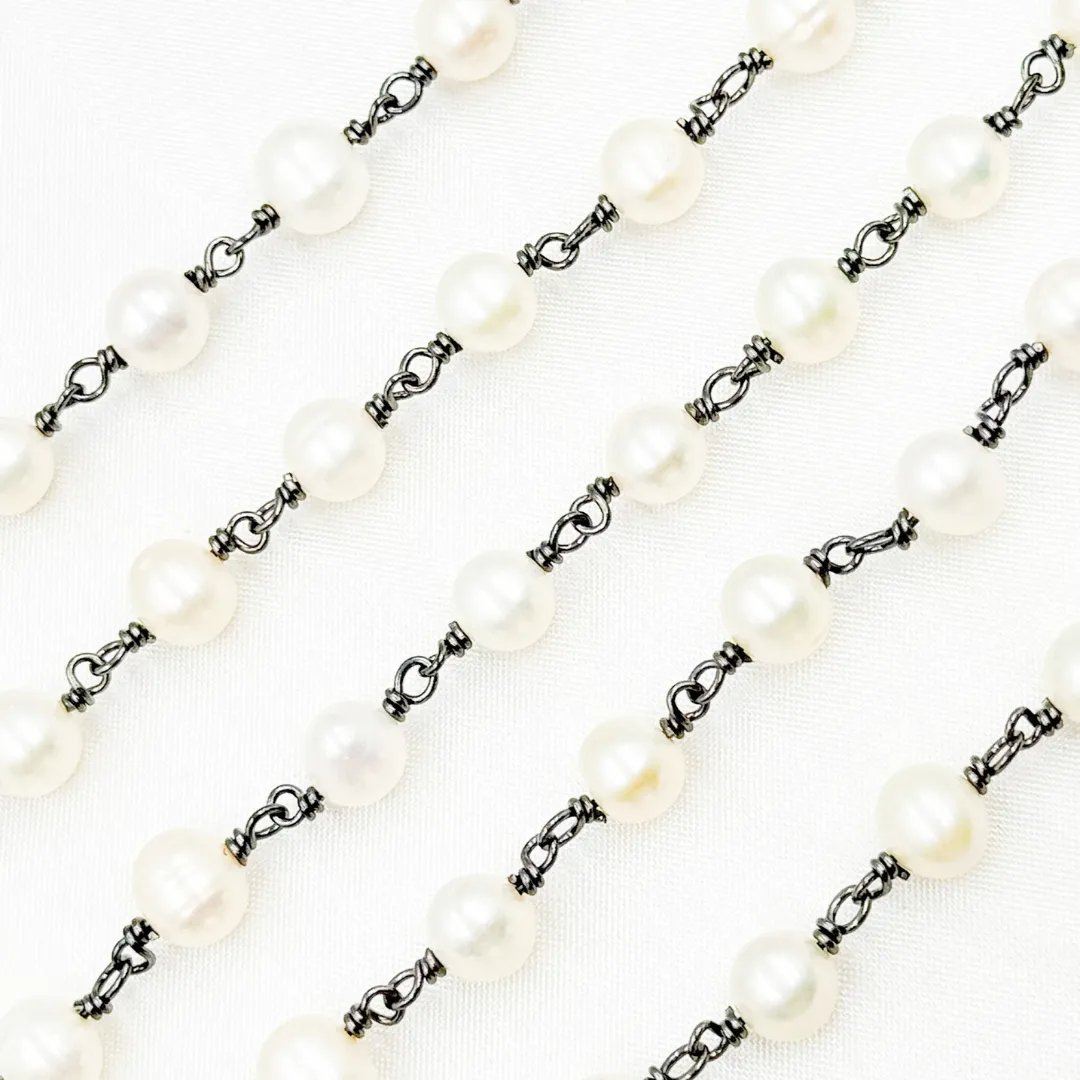 PRL26. Round White Freshwater Pearl Wire Wrap Chain