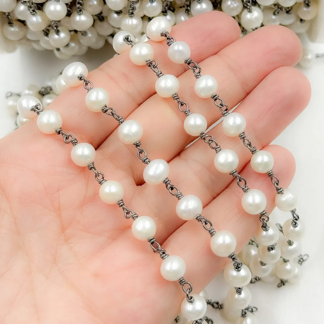 PRL26. Round White Freshwater Pearl Wire Wrap Chain