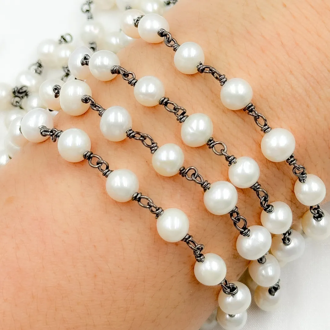 PRL26. Round White Freshwater Pearl Wire Wrap Chain