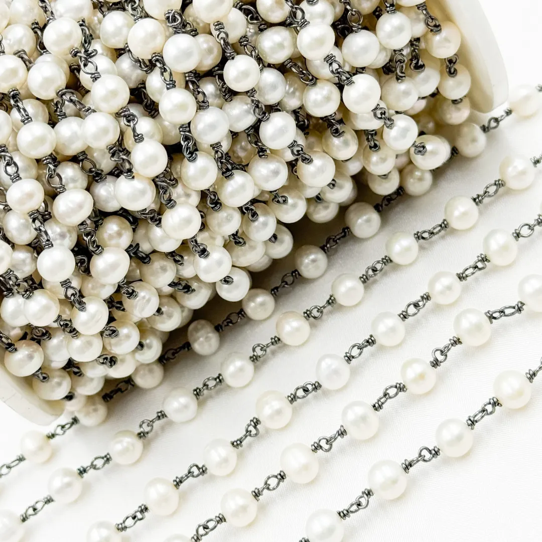 PRL26. Round White Freshwater Pearl Wire Wrap Chain