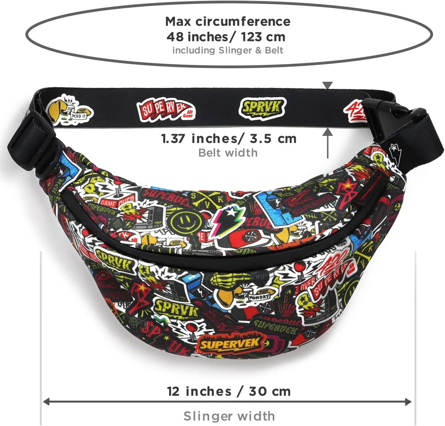 PRO Fanny Pack for Men Women - YKK Waterproof Zipper & Fabric, Crossbody Bag Waist Pack, Belt Bag for Travel Running Outdoor Hiking Cycling - Carry Any Phone, Wallet - Sticker Bomb
