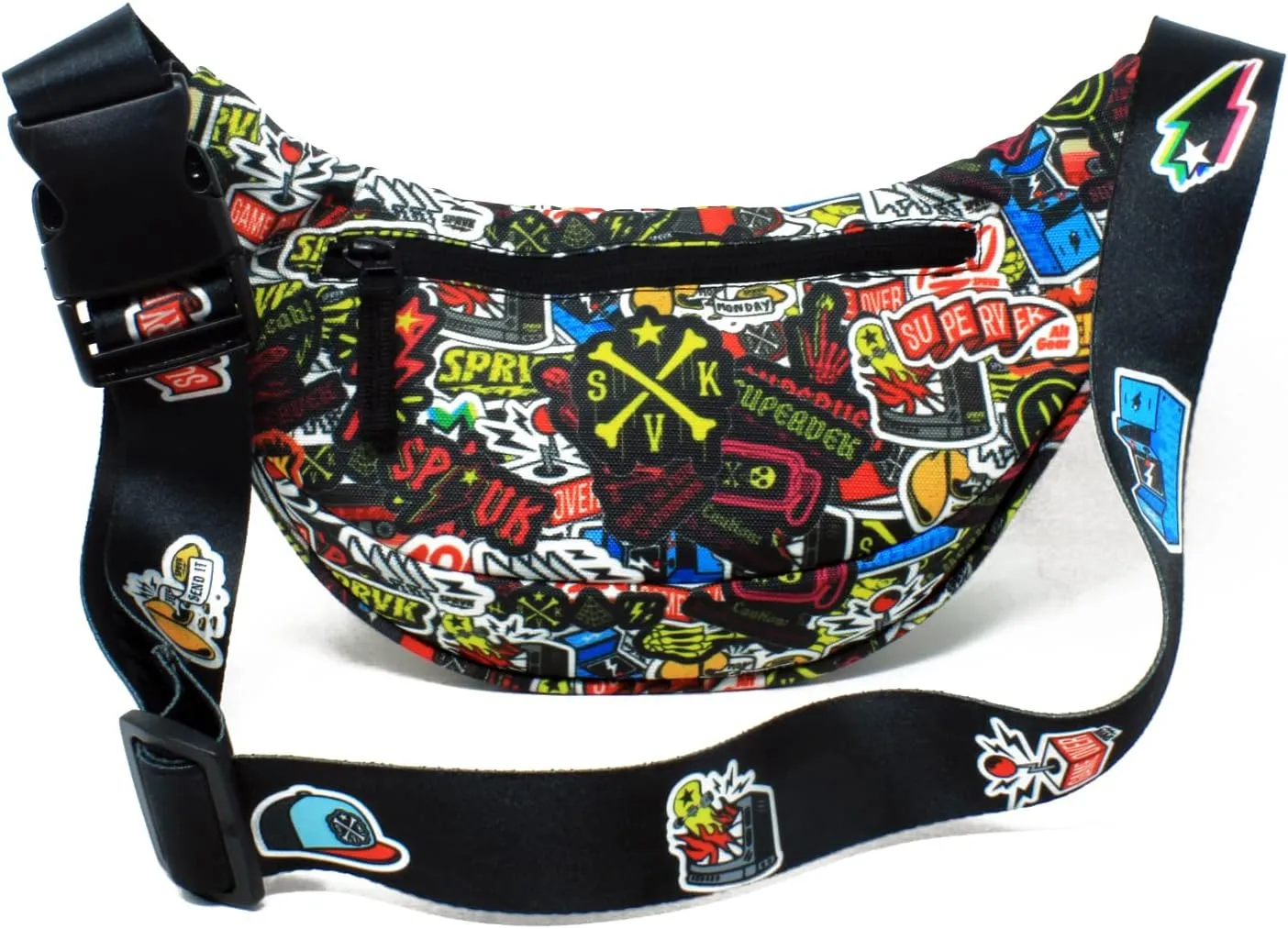 PRO Fanny Pack for Men Women - YKK Waterproof Zipper & Fabric, Crossbody Bag Waist Pack, Belt Bag for Travel Running Outdoor Hiking Cycling - Carry Any Phone, Wallet - Sticker Bomb