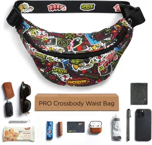 PRO Fanny Pack for Men Women - YKK Waterproof Zipper & Fabric, Crossbody Bag Waist Pack, Belt Bag for Travel Running Outdoor Hiking Cycling - Carry Any Phone, Wallet - Sticker Bomb