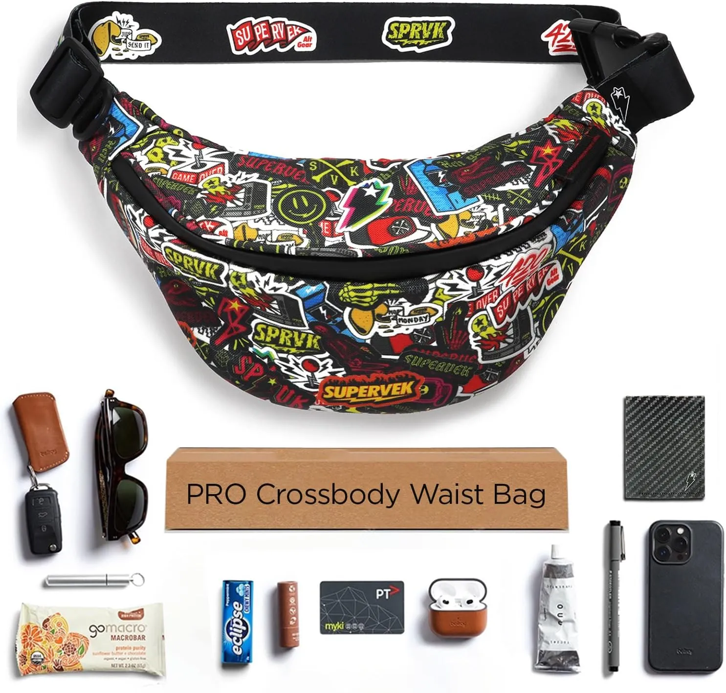 PRO Fanny Pack for Men Women - YKK Waterproof Zipper & Fabric, Crossbody Bag Waist Pack, Belt Bag for Travel Running Outdoor Hiking Cycling - Carry Any Phone, Wallet - Sticker Bomb