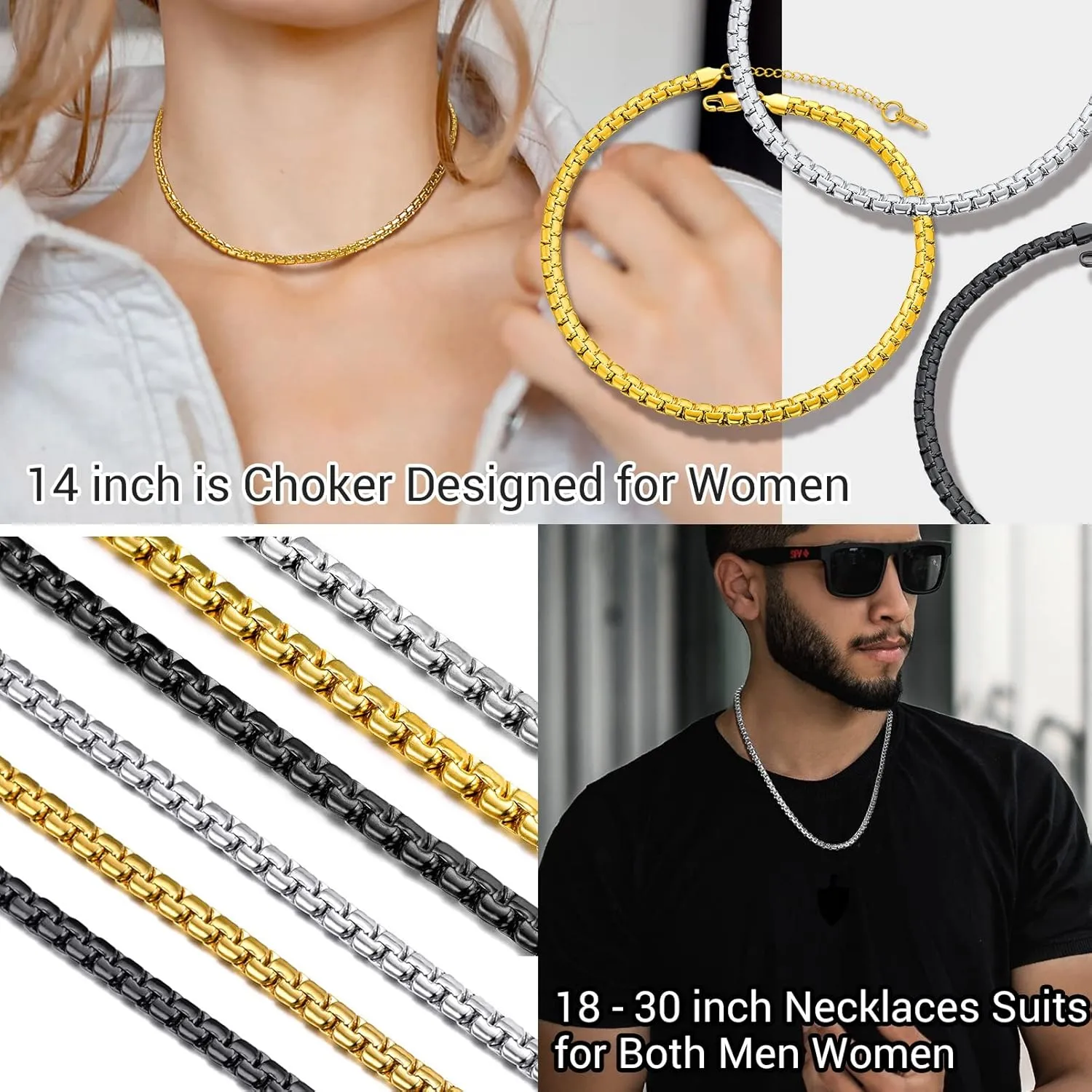 PROSTEEL Stylish Stainless Steel Round Link Chain Necklace for Men, 2mm/4mm/6mm. Silver/Gold/Black Tone, Hypoallergenic Jewelry, 14"-30", Come with Box