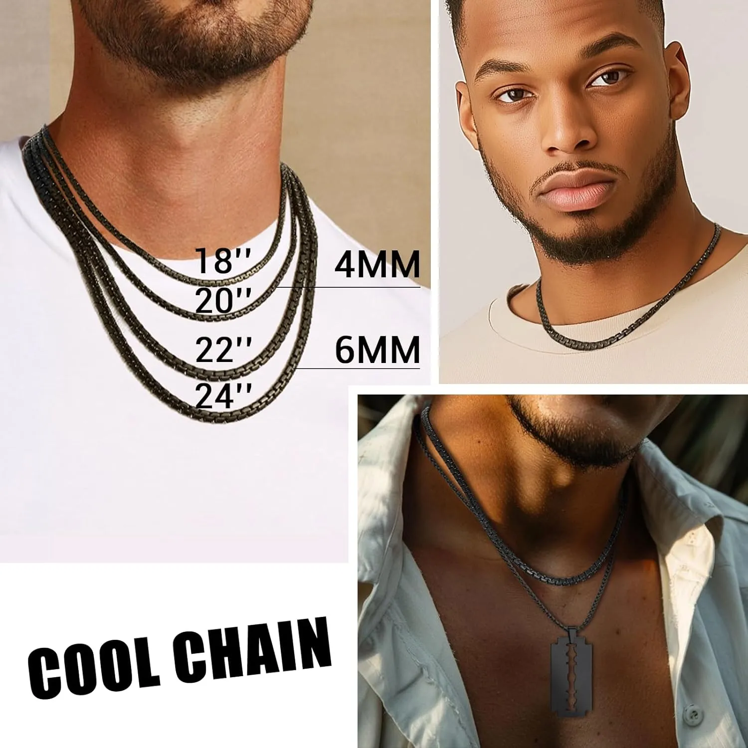 PROSTEEL Stylish Stainless Steel Round Link Chain Necklace for Men, 2mm/4mm/6mm. Silver/Gold/Black Tone, Hypoallergenic Jewelry, 14"-30", Come with Box