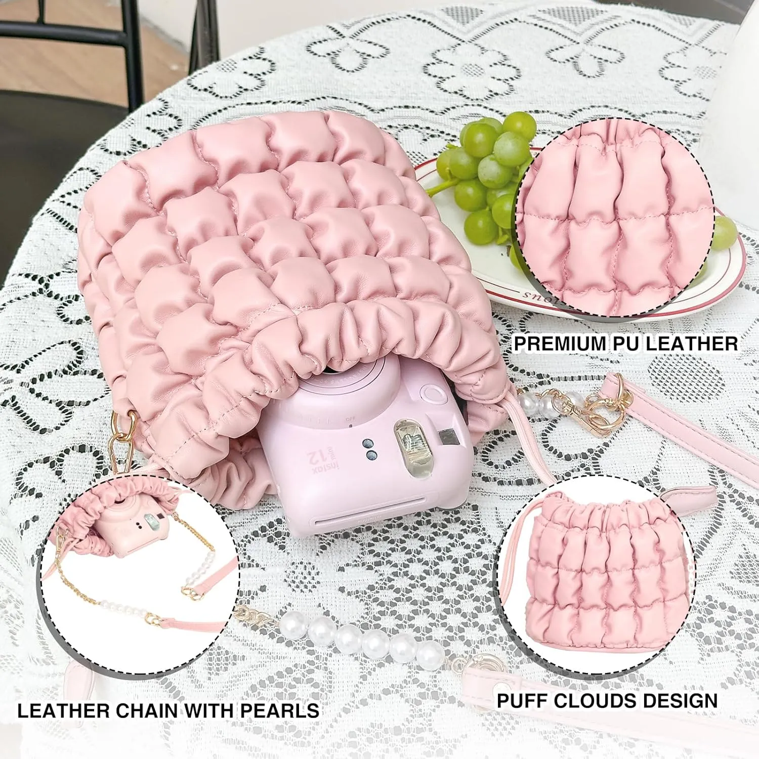 Protective Case Kids Camera Case for Fujifilm Instax Mini 12/11/99/SE/7 /EVO/LiPlay SQ Instant Camera, Children Digital Video Camera Bag with Removable Pearl Chain Strap (Pink Cloud Puffs)