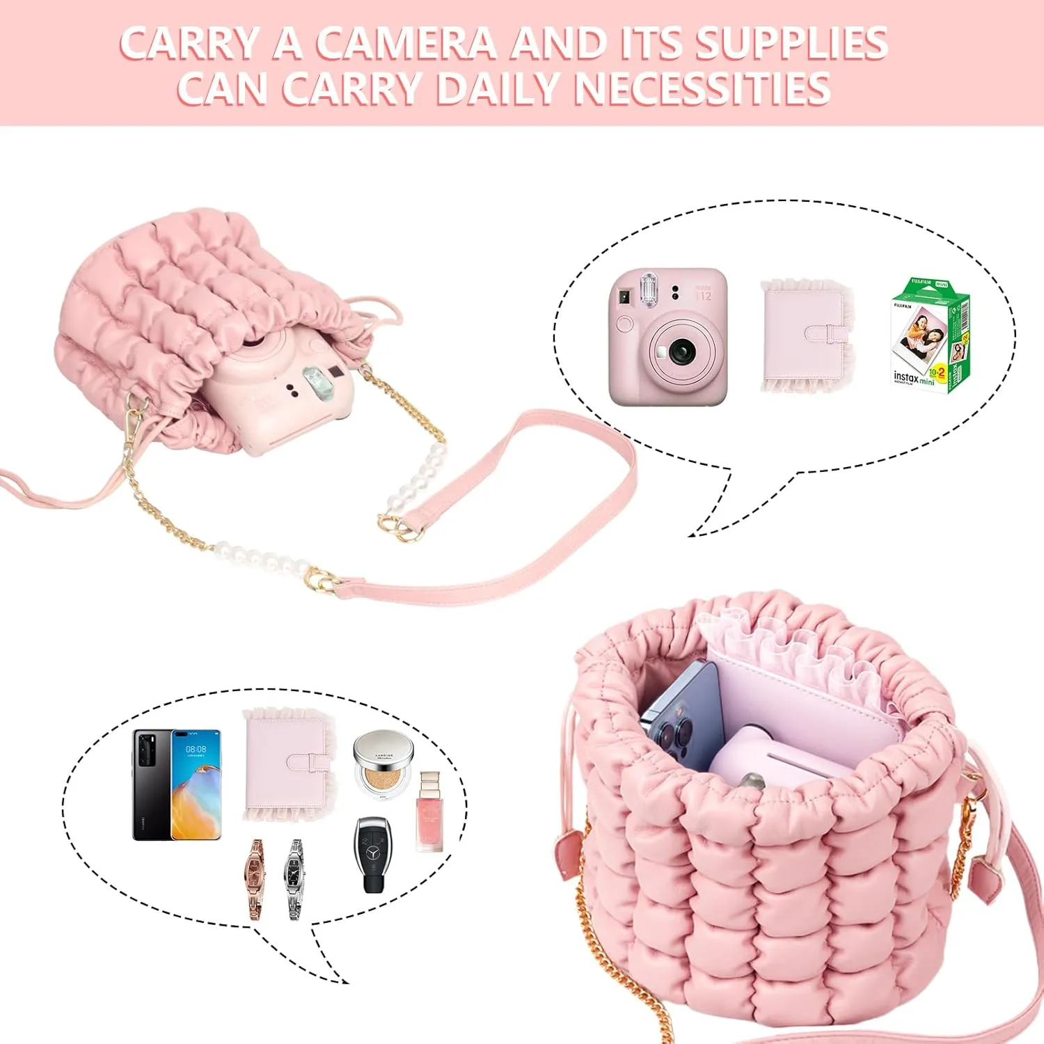 Protective Case Kids Camera Case for Fujifilm Instax Mini 12/11/99/SE/7 /EVO/LiPlay SQ Instant Camera, Children Digital Video Camera Bag with Removable Pearl Chain Strap (Pink Cloud Puffs)