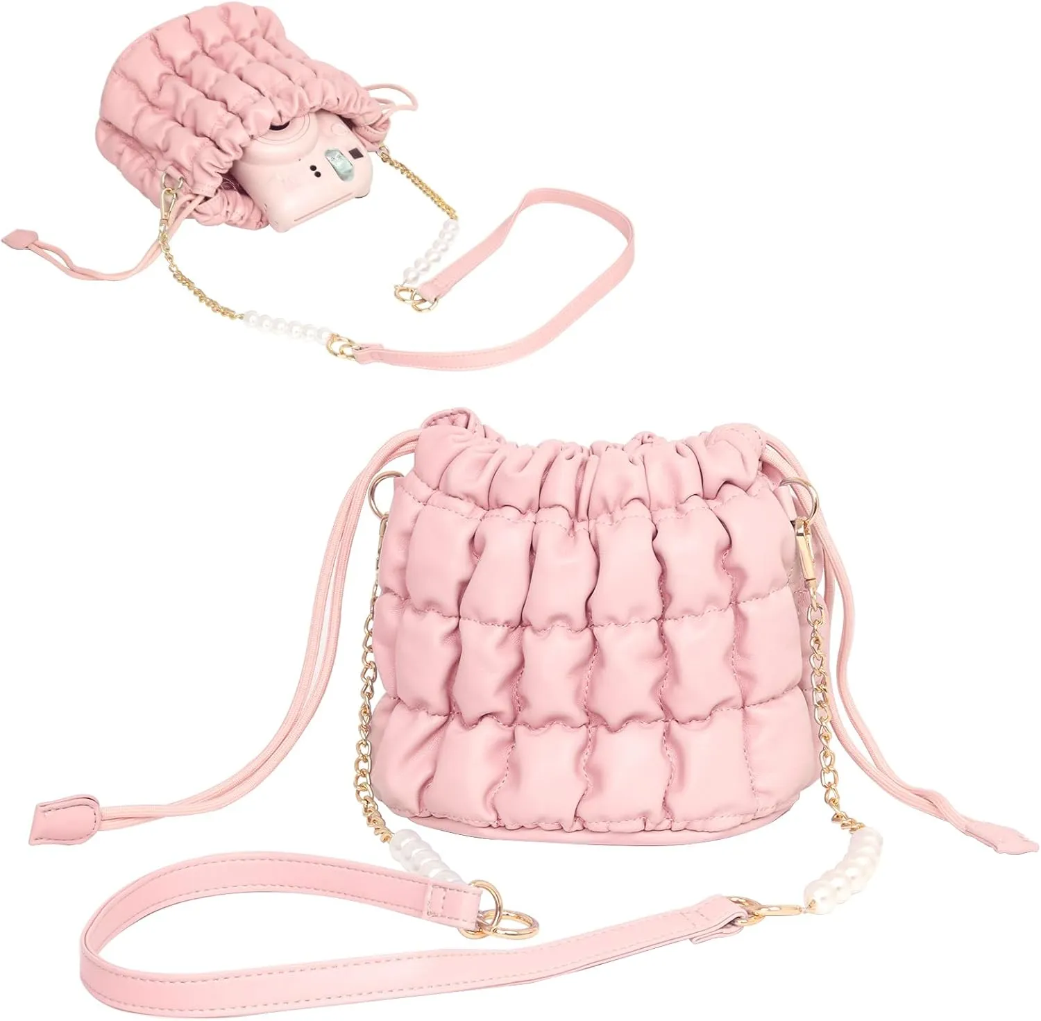 Protective Case Kids Camera Case for Fujifilm Instax Mini 12/11/99/SE/7 /EVO/LiPlay SQ Instant Camera, Children Digital Video Camera Bag with Removable Pearl Chain Strap (Pink Cloud Puffs)