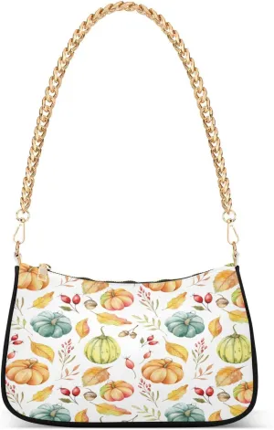 Pumpkins Fall Acorn Leaf Womens Shoulder Bag for Women Girls Hobo Tote Handbag Gold Chain Crossbody Bag with Zipper Clutch Purse Handbags