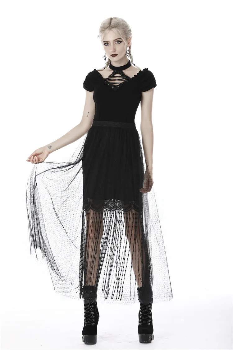 Punk tasseled mesh see-through long skirt KW167