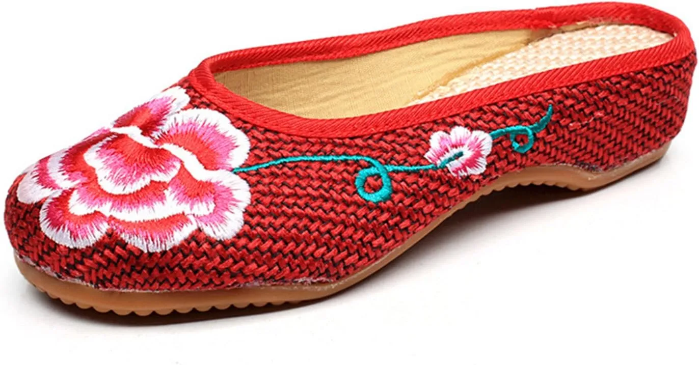 Qhome Womens Old Beijing Linen Chinese Style Oxfords Sole Embroidered Peony Household Canvas Slippers