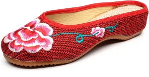 Qhome Womens Old Beijing Linen Chinese Style Oxfords Sole Embroidered Peony Household Canvas Slippers