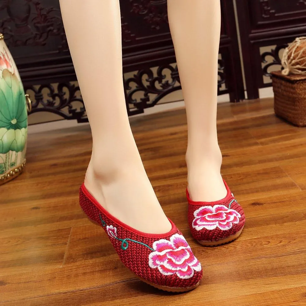 Qhome Womens Old Beijing Linen Chinese Style Oxfords Sole Embroidered Peony Household Canvas Slippers