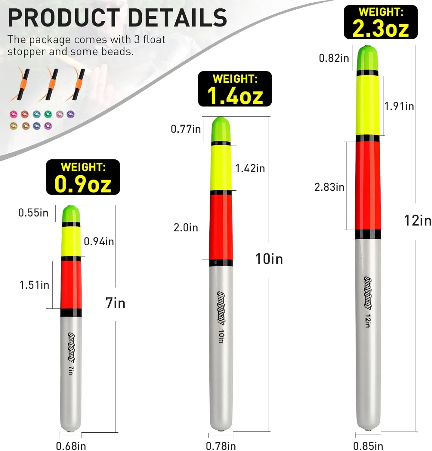 QualyQualy Fishing Floats, Weighted Catfish Pole Floats, High Visibility Wood Pole Fishing Float for Catfish Pike 7IN 10IN 12IN, 3PCS