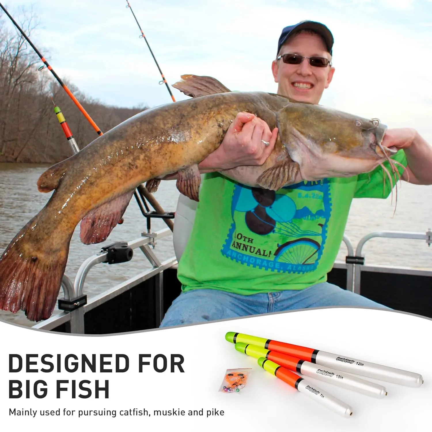 QualyQualy Fishing Floats, Weighted Catfish Pole Floats, High Visibility Wood Pole Fishing Float for Catfish Pike 7IN 10IN 12IN, 3PCS