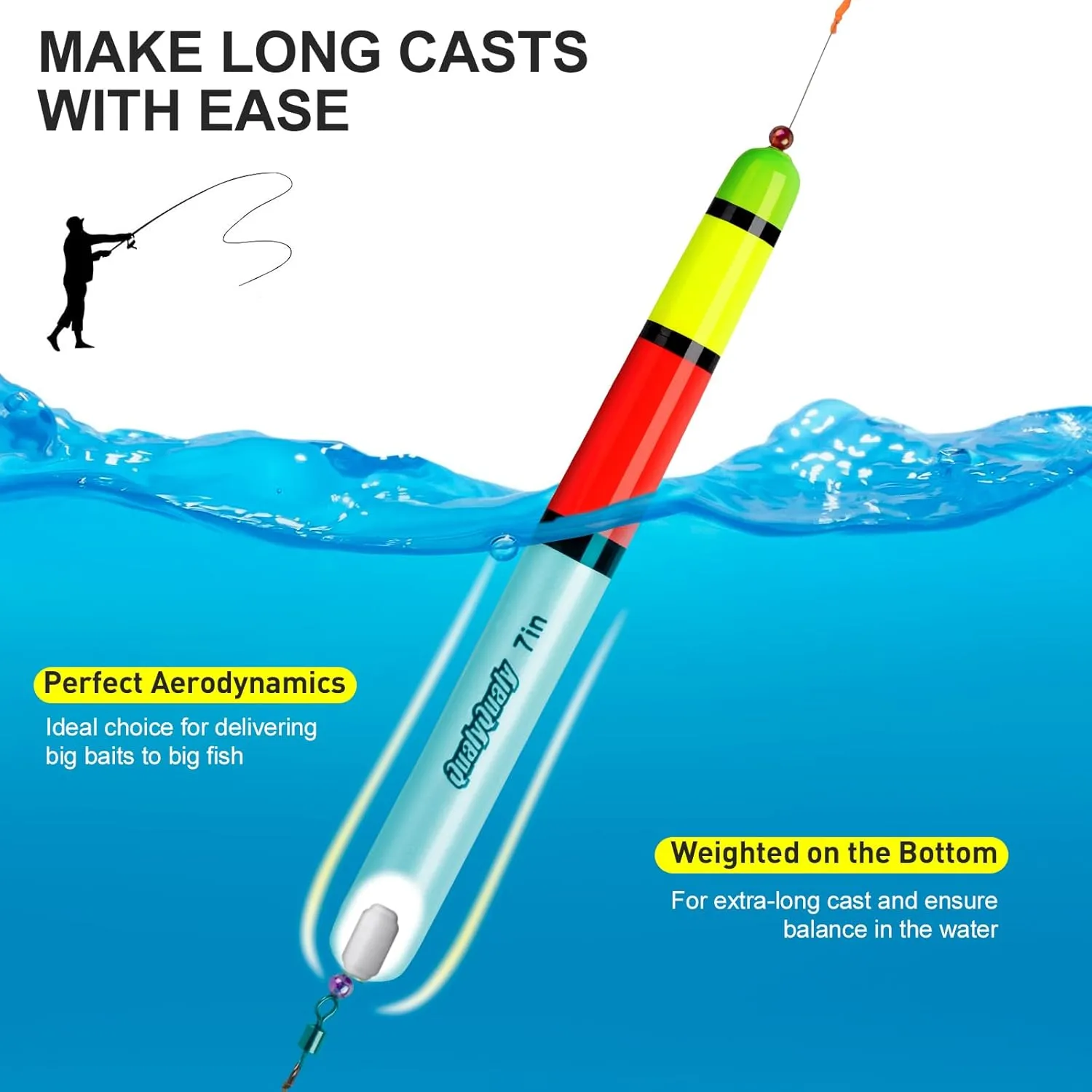 QualyQualy Fishing Floats, Weighted Catfish Pole Floats, High Visibility Wood Pole Fishing Float for Catfish Pike 7IN 10IN 12IN, 3PCS