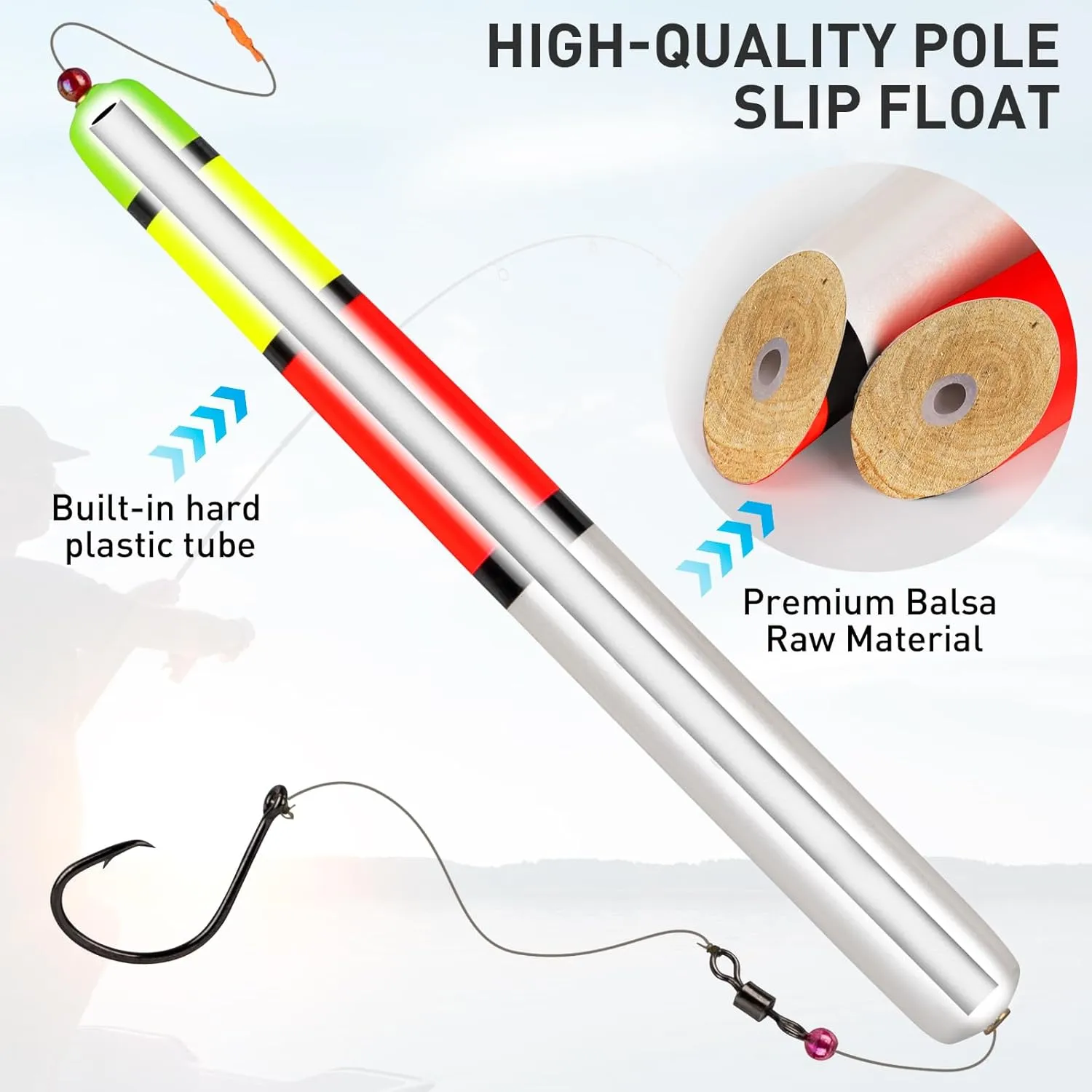 QualyQualy Fishing Floats, Weighted Catfish Pole Floats, High Visibility Wood Pole Fishing Float for Catfish Pike 7IN 10IN 12IN, 3PCS