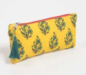 Quilted & Printed Yellow Tree Tasseled Travel Pouch