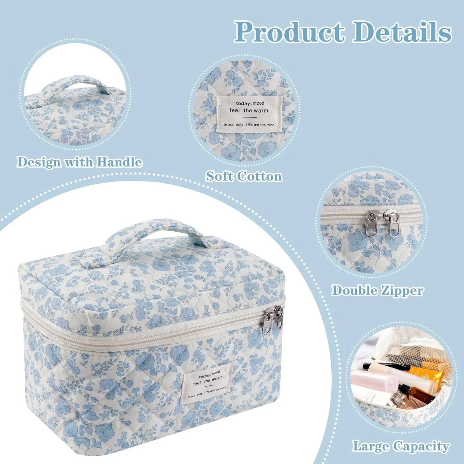 Quilted Makeup Bag Set, 3 Pcs Cotton Floral Makeup Bag, Large Toiletry Travel Cosmetic Bag for Women