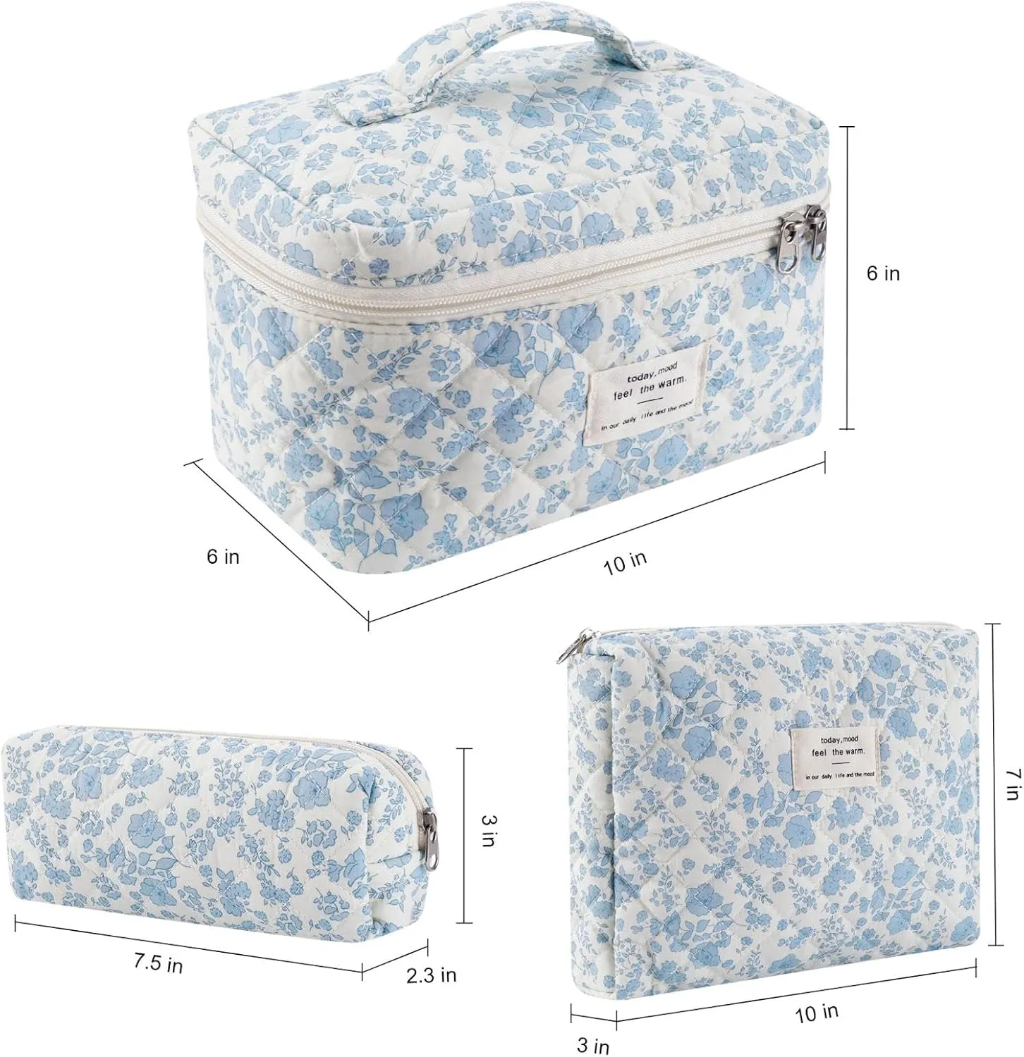 Quilted Makeup Bag Set, 3 Pcs Cotton Floral Makeup Bag, Large Toiletry Travel Cosmetic Bag for Women