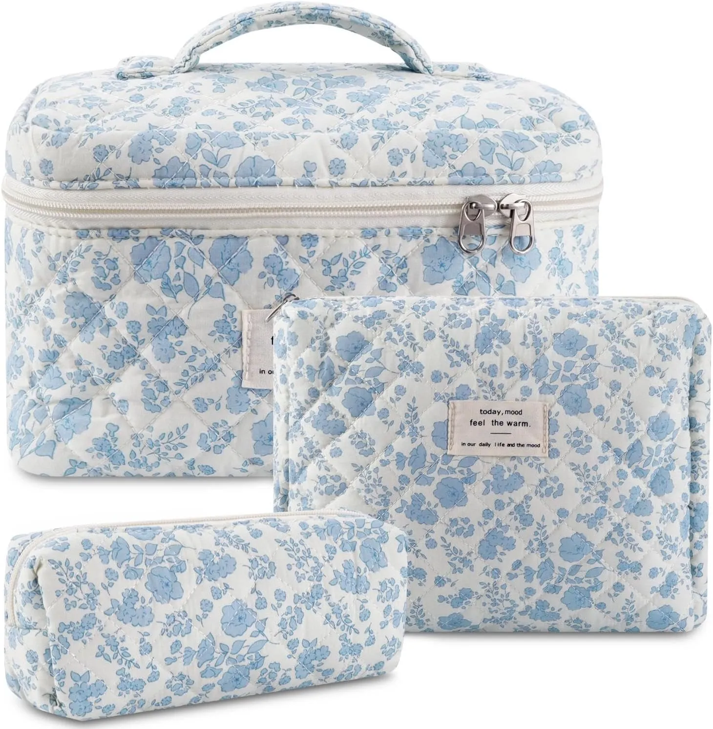 Quilted Makeup Bag Set, 3 Pcs Cotton Floral Makeup Bag, Large Toiletry Travel Cosmetic Bag for Women