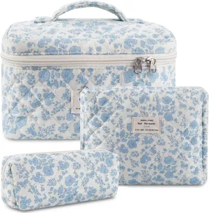 Quilted Makeup Bag Set, 3 Pcs Cotton Floral Makeup Bag, Large Toiletry Travel Cosmetic Bag for Women