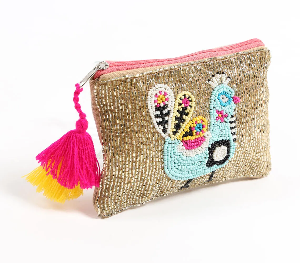 Quirky Peacock Beaded & Tasseled Bling Pouch