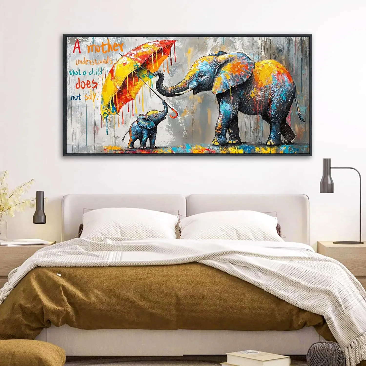 QZQCBLC Large Canvas Wall Art, Mother and Baby Elephant Street Art Abstract Graffiti Inspirational Pictures Modern Grey Painting Framed for Living room Bedroom kitchen Home Office Decor 29x58 IN