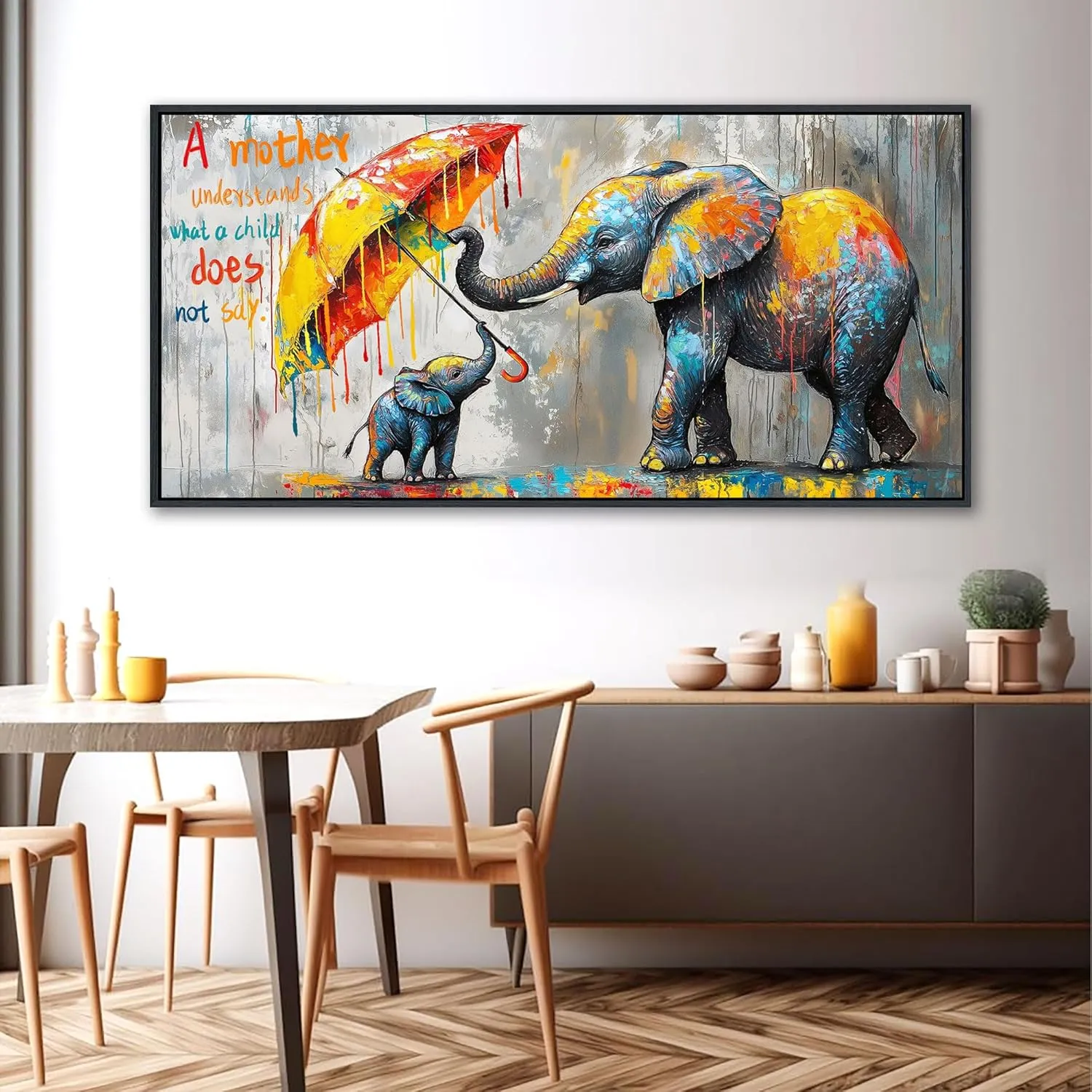QZQCBLC Large Canvas Wall Art, Mother and Baby Elephant Street Art Abstract Graffiti Inspirational Pictures Modern Grey Painting Framed for Living room Bedroom kitchen Home Office Decor 29x58 IN